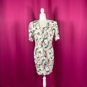 Vintage 80s 90s hearts floral print 2 piece dress and blazer suit set, size 9 10